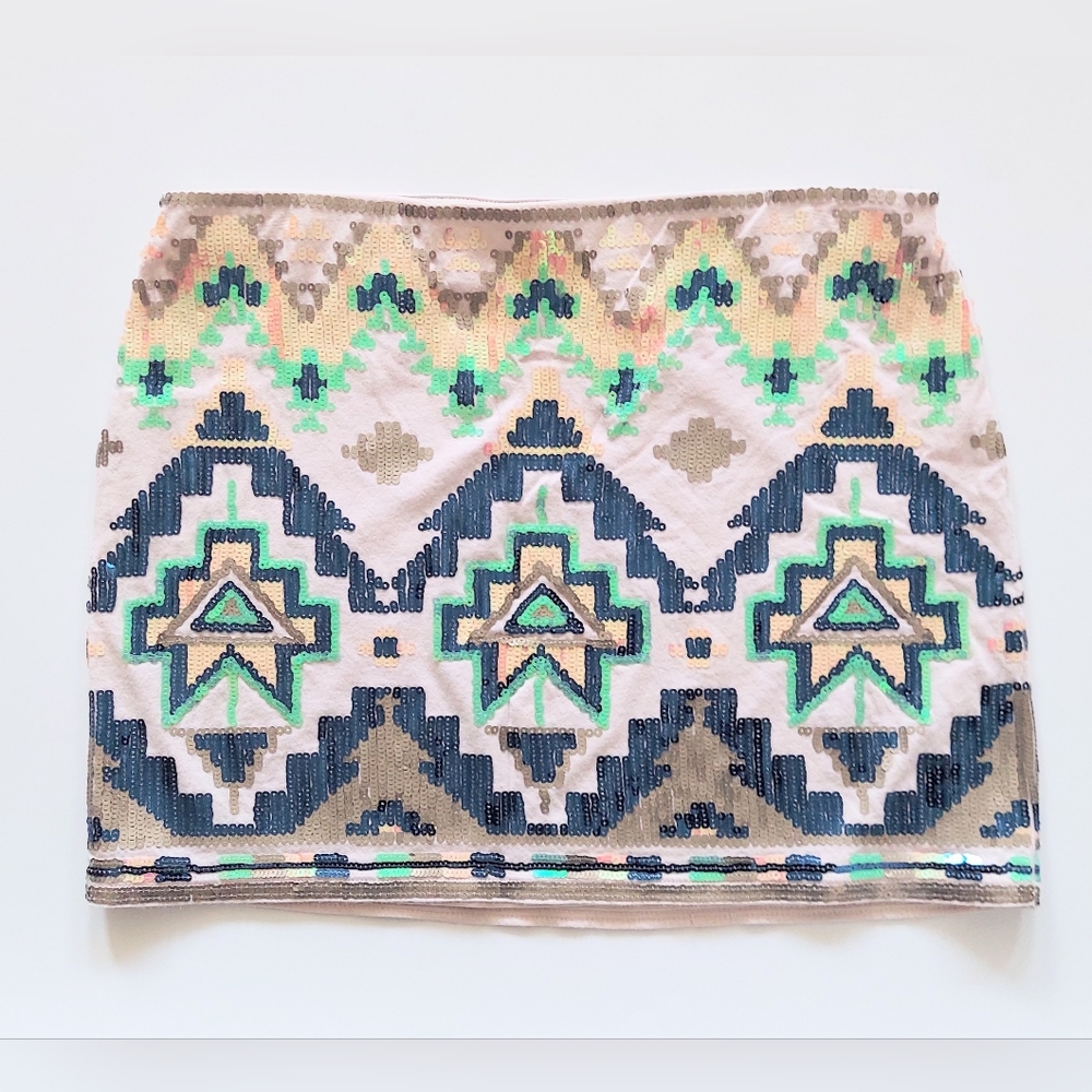 Express Aztec Sequin Stretch Lined Mini Skirt Womens Size XS Cream